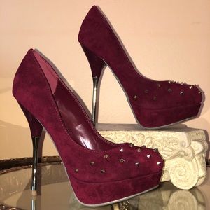 Maroon/Wine Studded Platform Pumps.